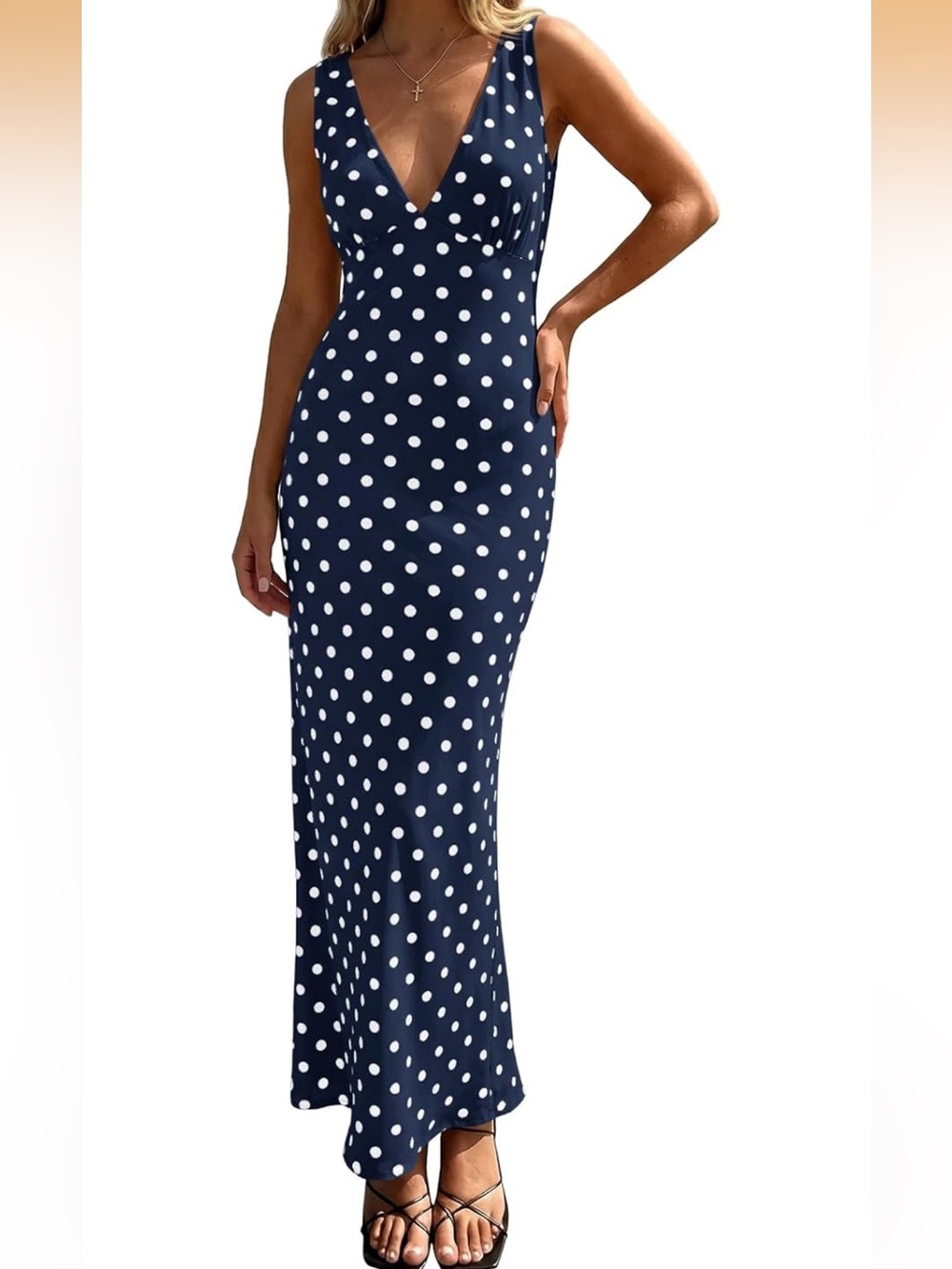 Amazon Navy and White Polka Dot V‑Neck Maxi Dress